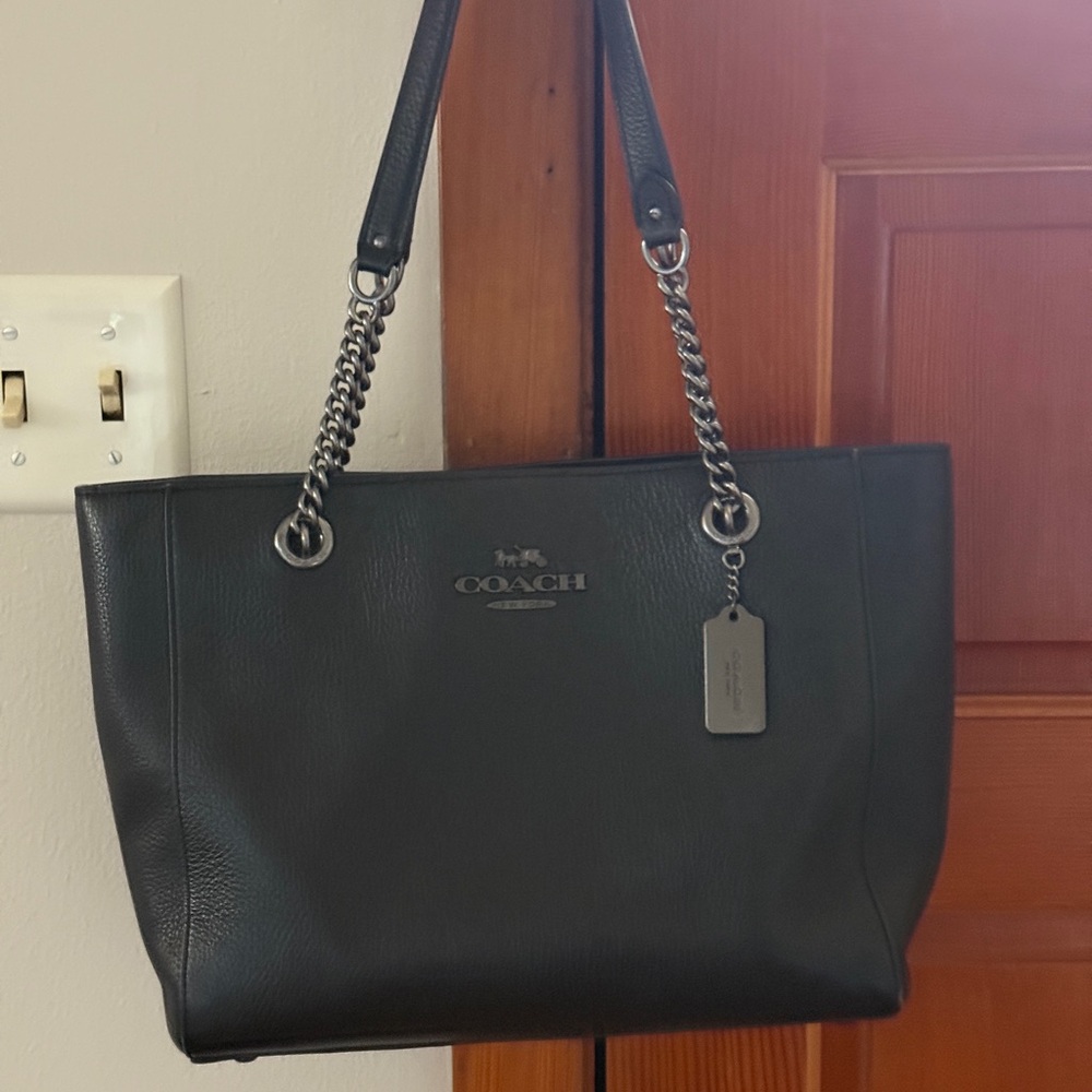 Coach Black Leather Tote with Chain Straps and Structured Design